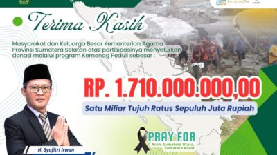Kemenag Sumsel Donasikan Rp1,7 Miliar untuk Korban Bencana Sumatra